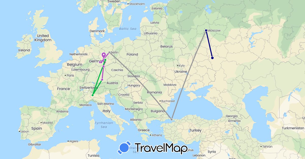 TravelMap itinerary: driving, bus, plane, train in Germany, Italy, Russia, Turkey (Asia, Europe)